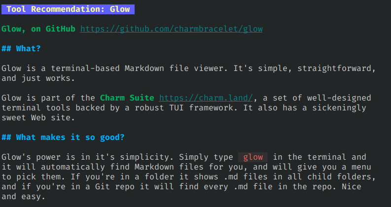 Here's what this document looks like in Glow. I love the Teletext-ish title