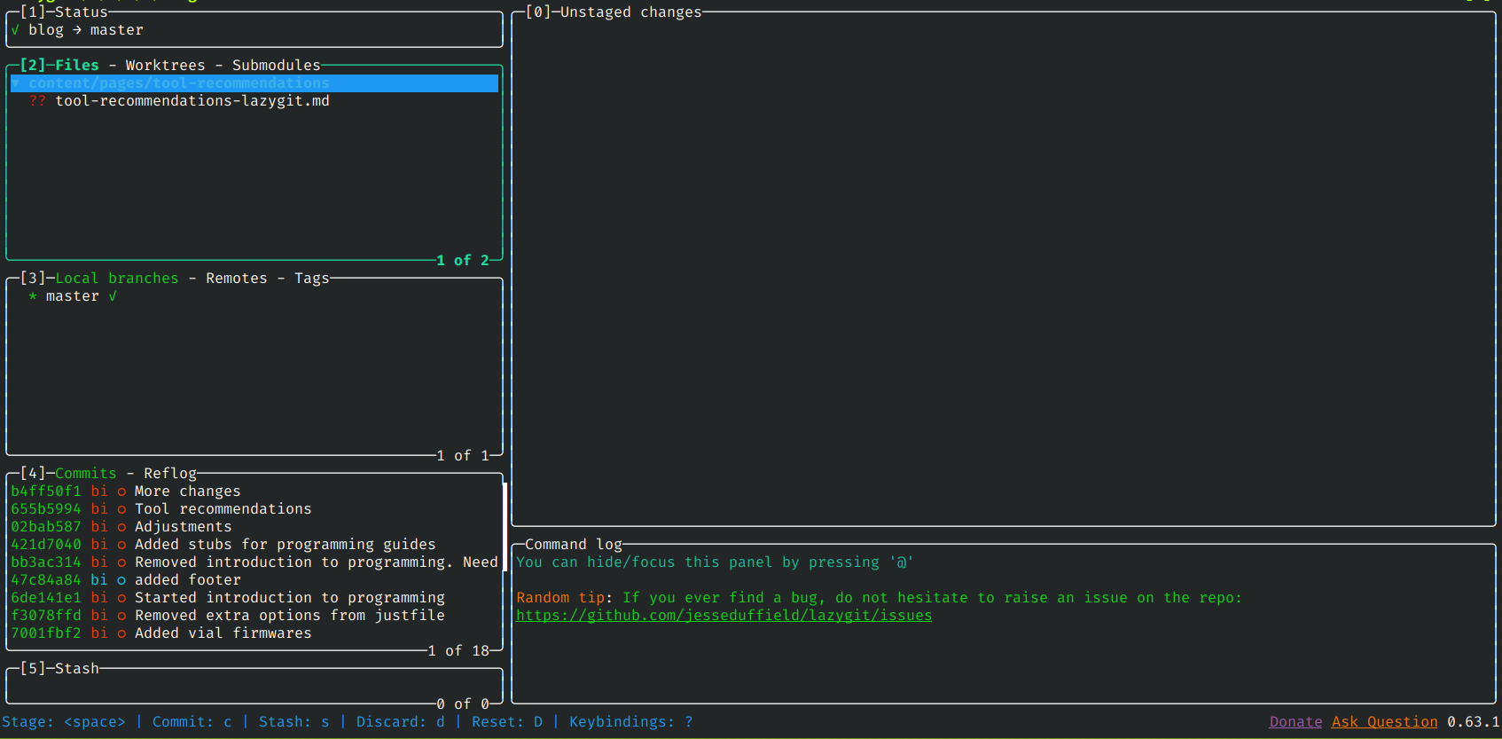 I use Git to track my blog's versions. Here's what that looks like in LazyGit